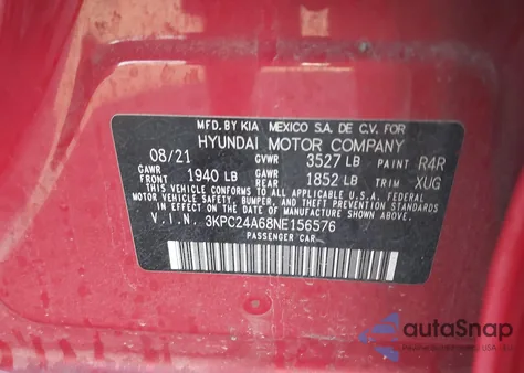 2022 Hyundai Accent Sel z USA, uszkodzony, nr VIN 3KPC24A68NE156576